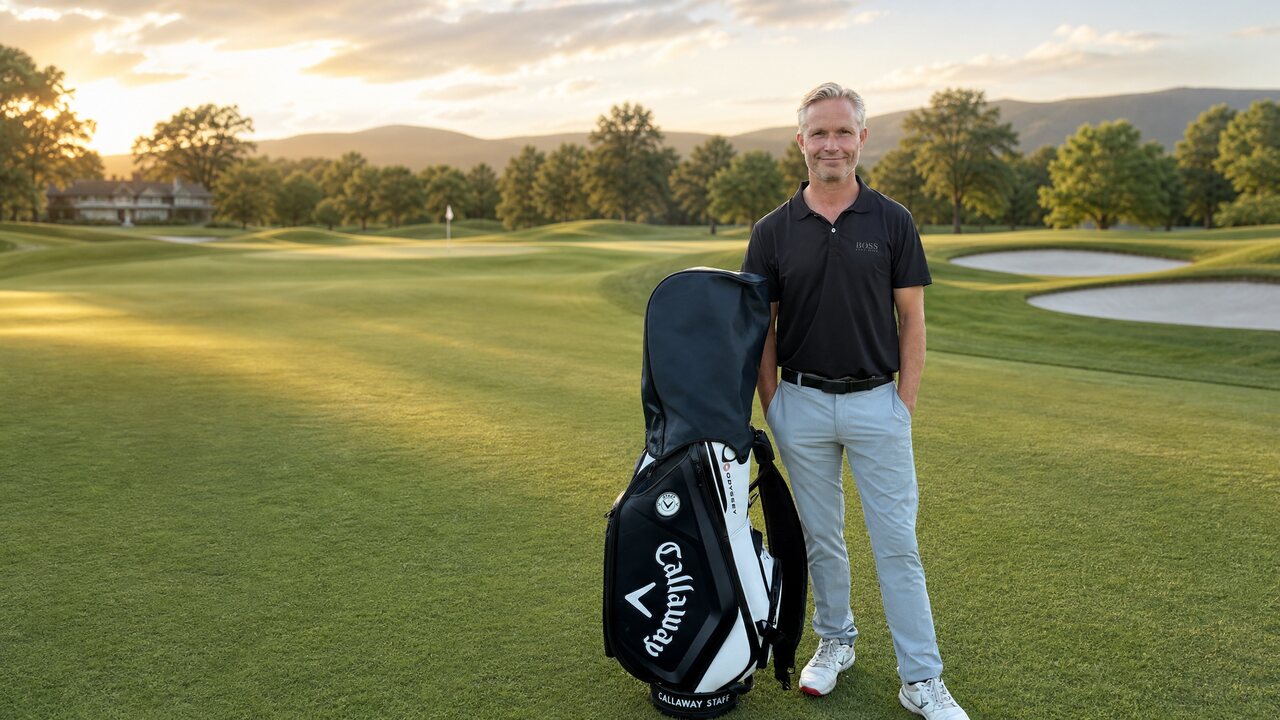PGA Pro Jonas Therkildsen med golfbag på golfbanen i aftenlys